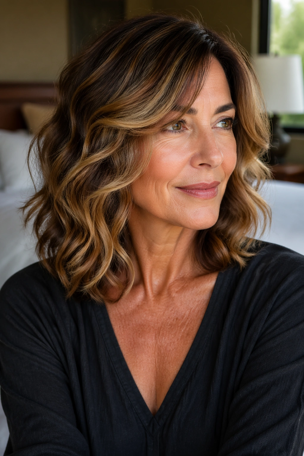 Close-up of a real woman with waterfall waves on medium-length hair