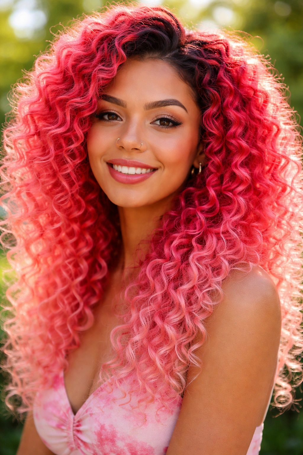 Real woman's hair with watermelon gradient from root to tip in sunlight