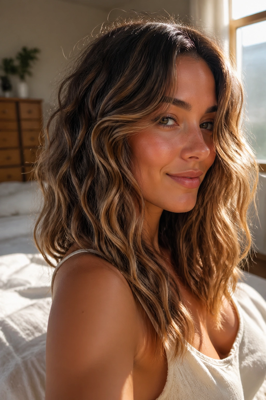 Close-up of a real woman's wavy hair with color dimension