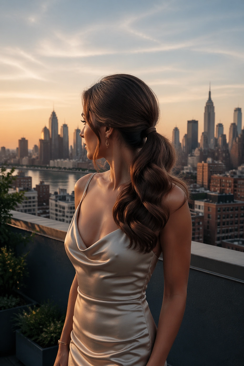 S-waved side ponytail on rooftop at golden hour