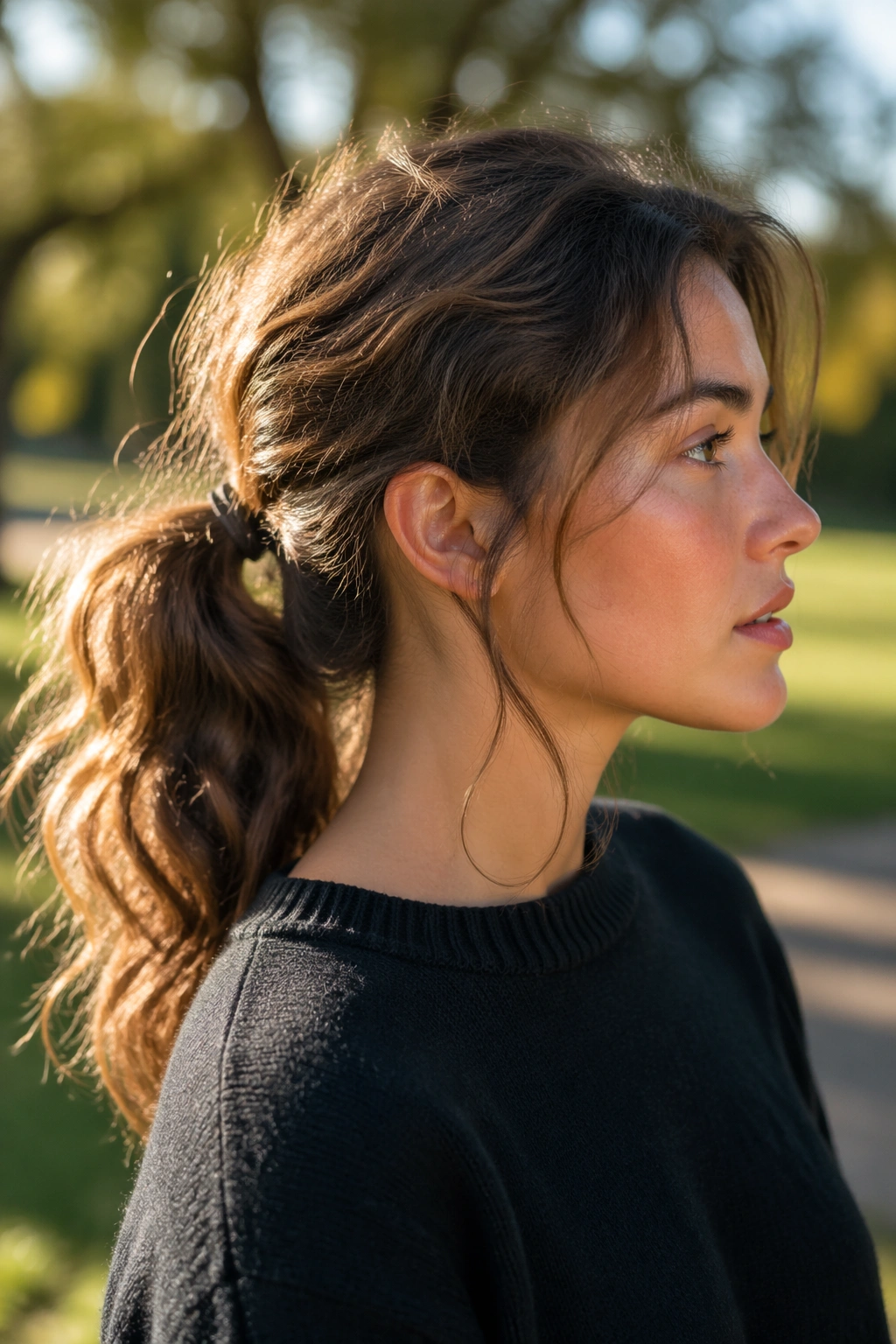 Close-up portrait of a real woman with softly waved mid ponytail outdoors at golden hour