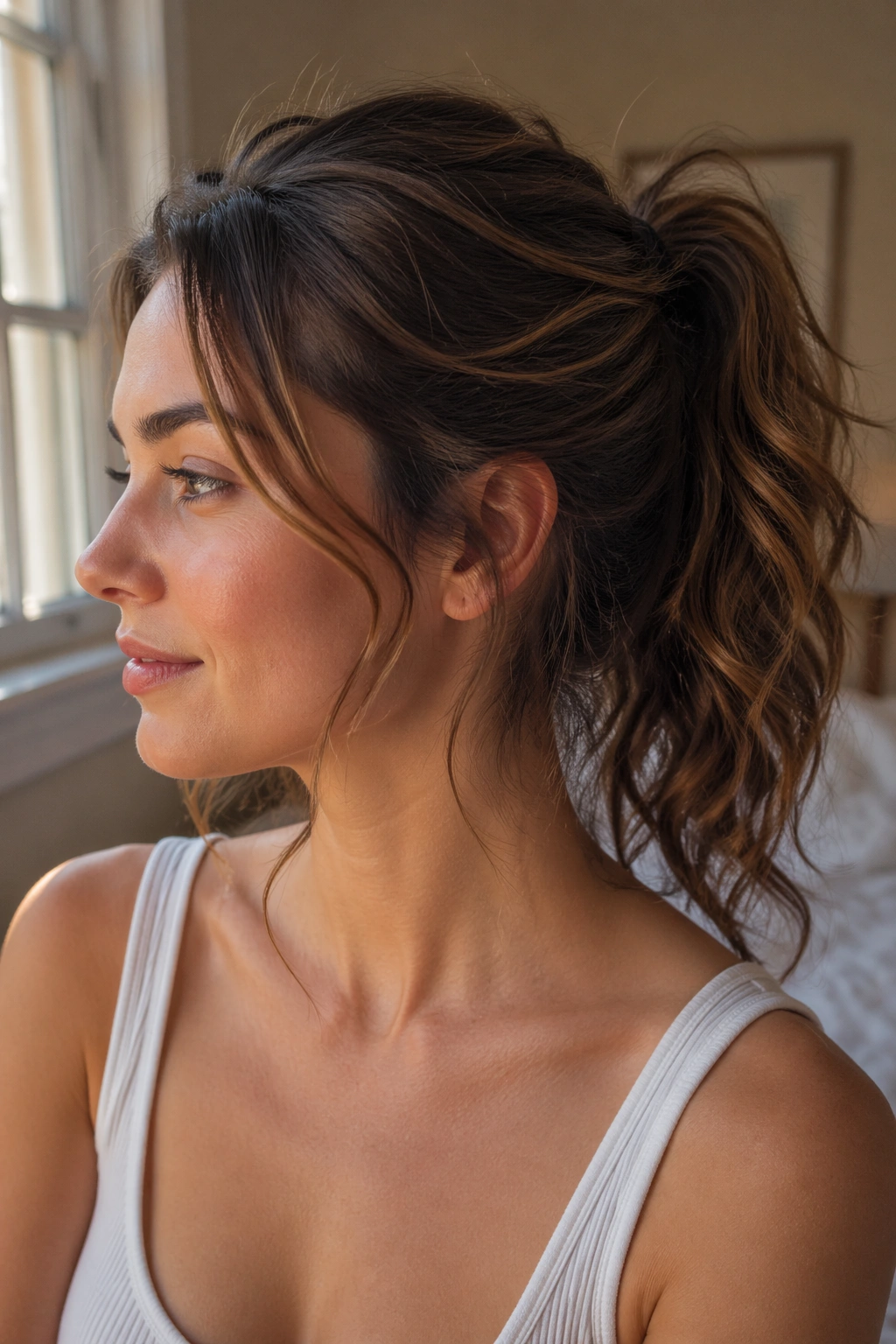 Close-up of a real woman with a wavy air-dried ponytail in warm window light
