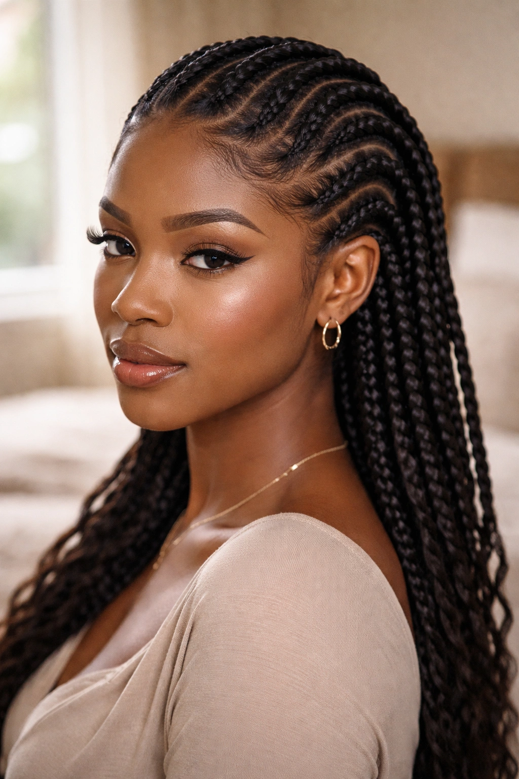 Close-up of a real woman with wave-parted all-back cornrows