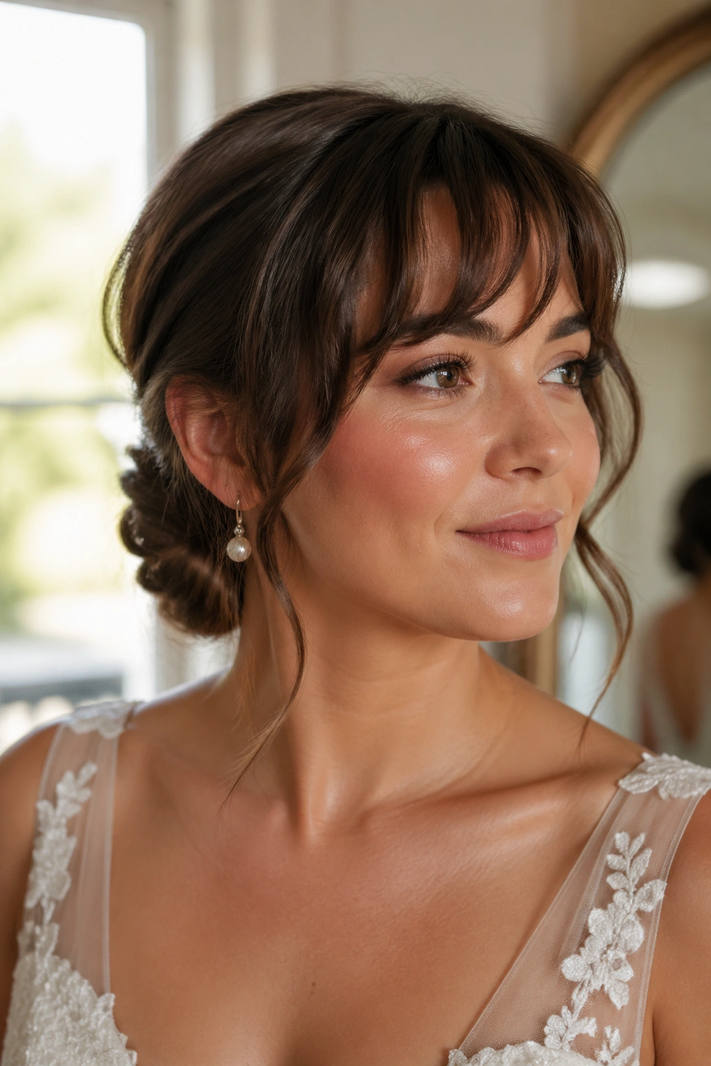Close-up of a real bride showing minimalist wavy bangs and a low knot at the nape