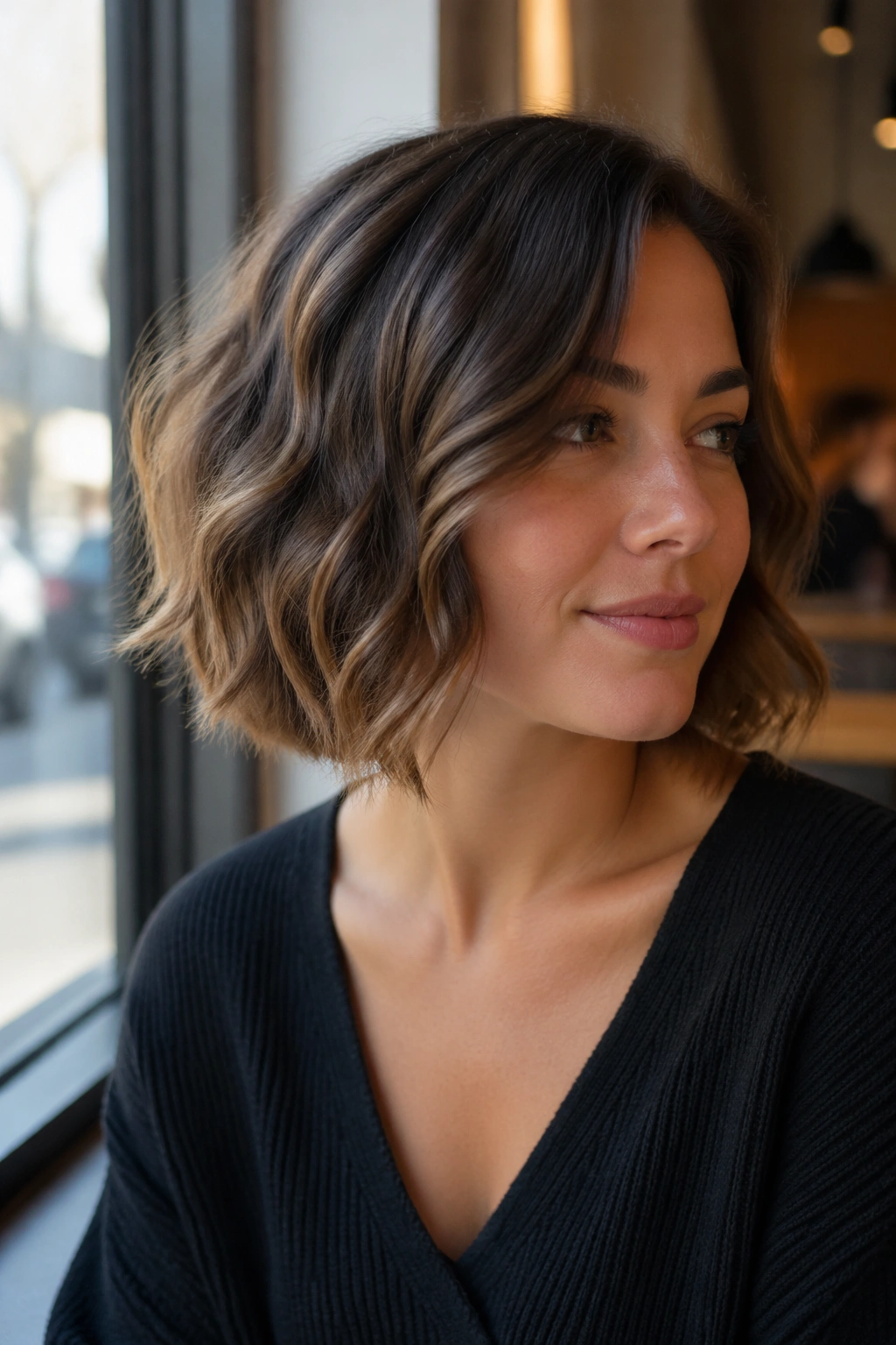 Close-up of a real woman with a wavy bob and invisible layers in daylight in a cafe