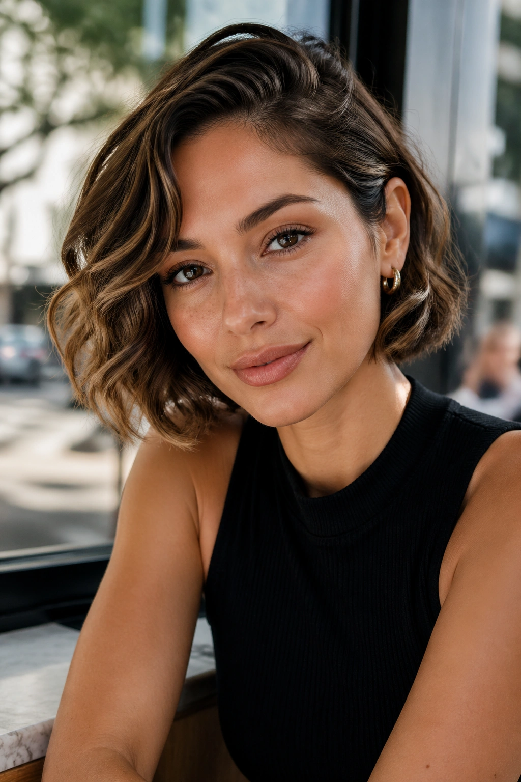Close-up of wavy bob with tucked ends on a real person
