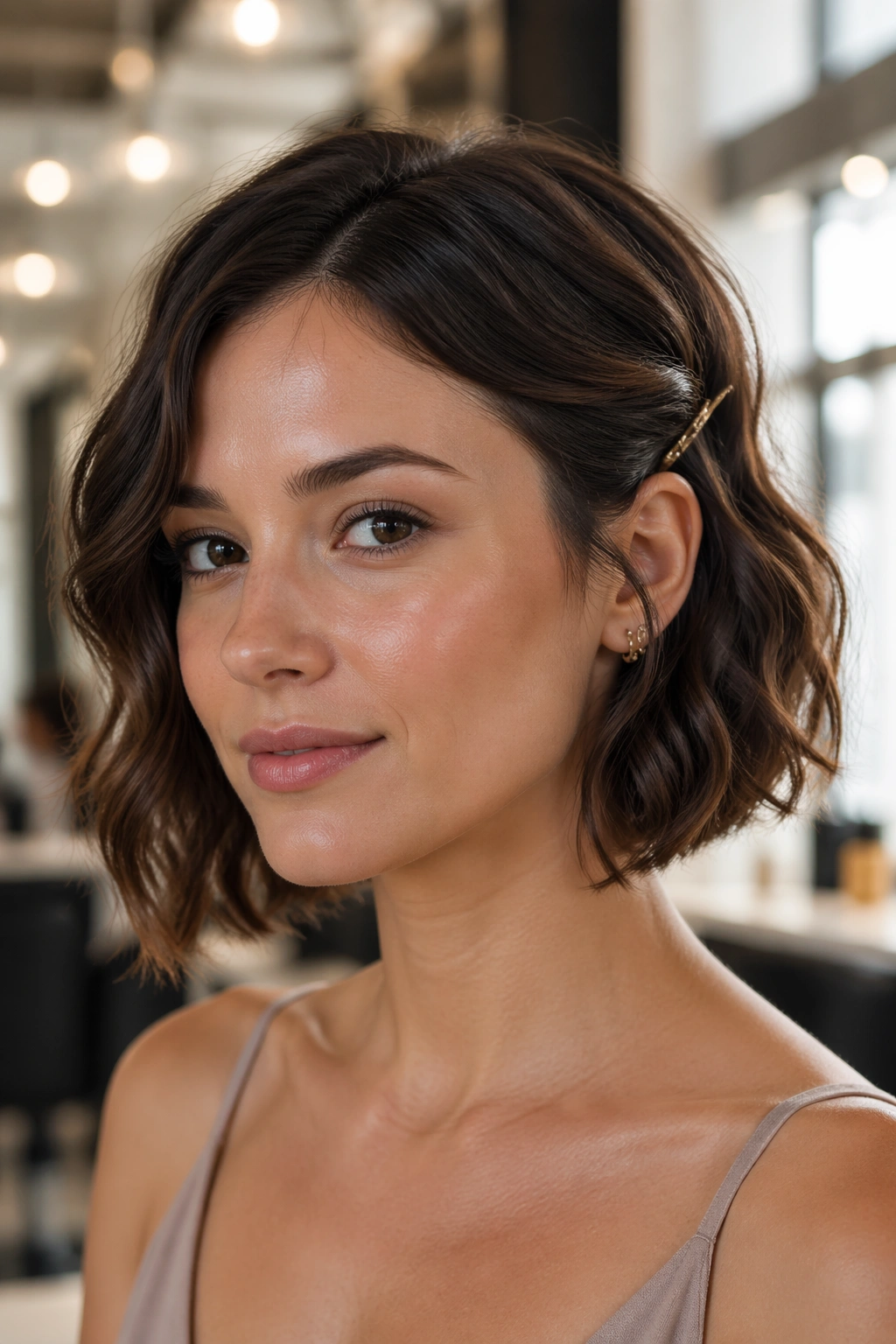 Close-up of a real woman with a wavy bob and tucked-back sides
