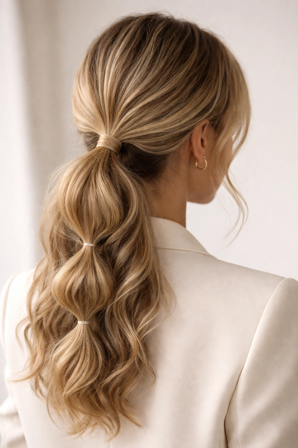 Back view of a wavy textured bubble low ponytail.