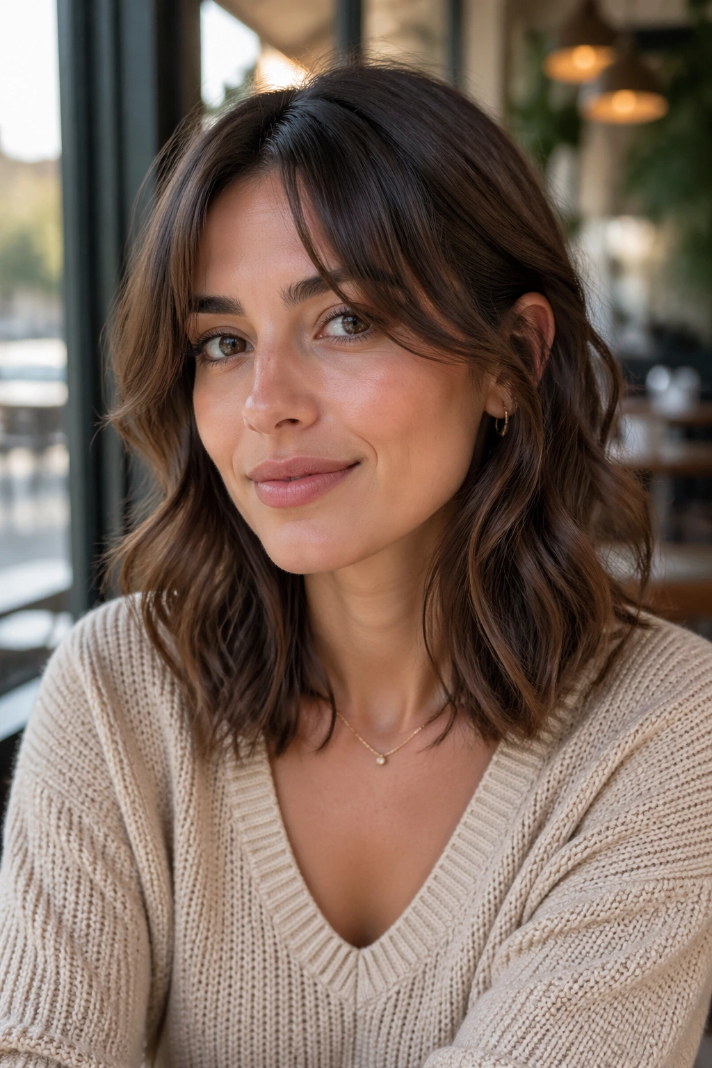 Portrait of a real woman with wavy butterfly cut and long curtain bangs in cafe window light.