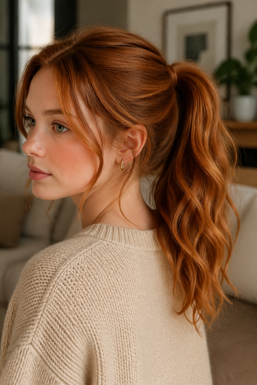 Real woman with wavy mid-height copper ponytail
