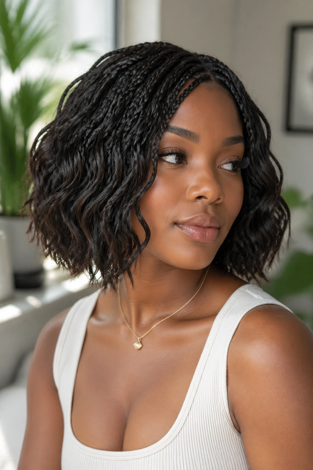 Close-up of a real woman with Wavy Crochet Bob hairstyle in a bright living room