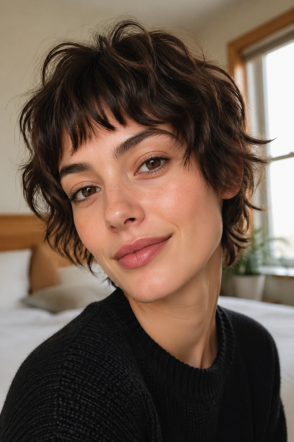 Close-up portrait of a real woman with a wavy crop and choppy fringe in warm bedroom light