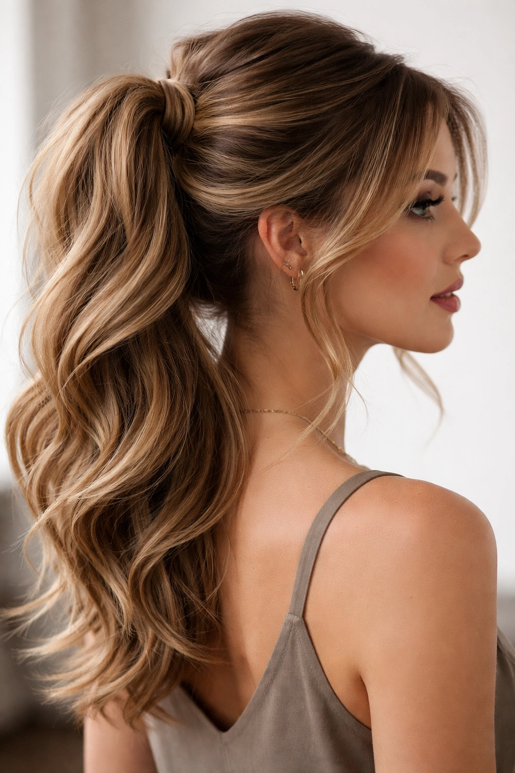 Wavy double weave ponytail for layered hair with face-framing pieces