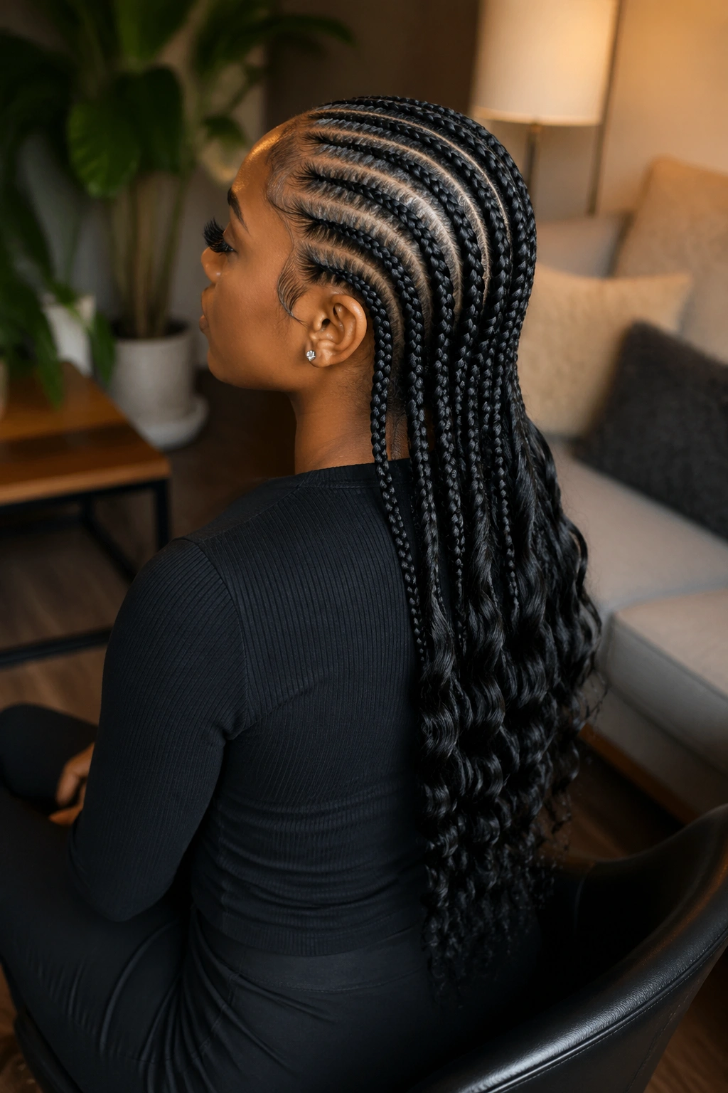 Portrait showing all-back cornrows with wavy ends