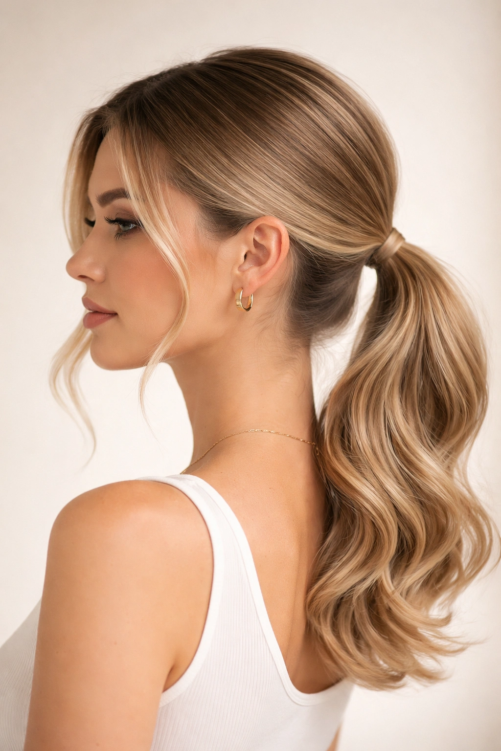 Low ponytail with soft wavy ends on short hair