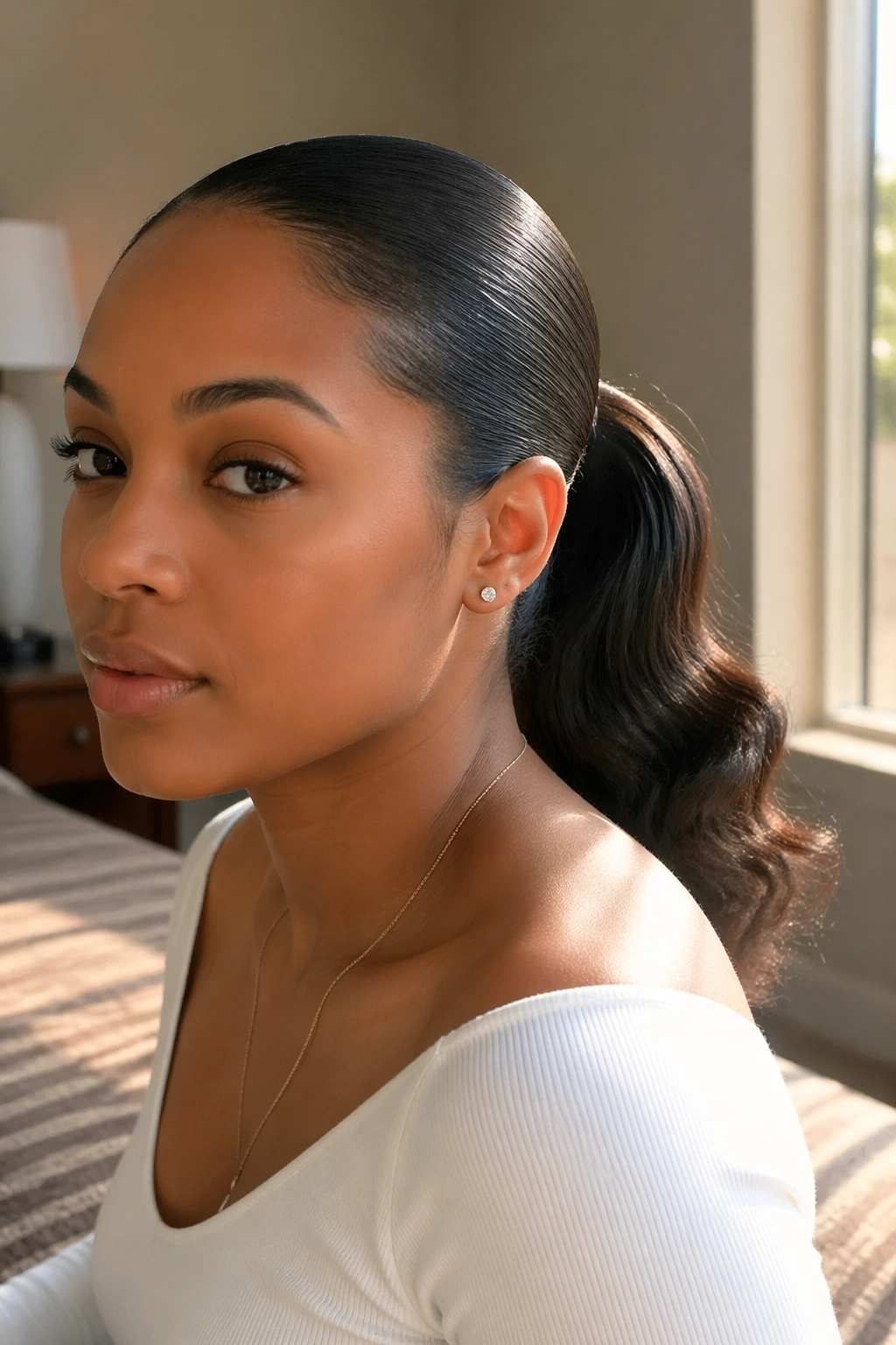 Close-up of a real woman with a straight base ponytail and softly waved ends in warm window light