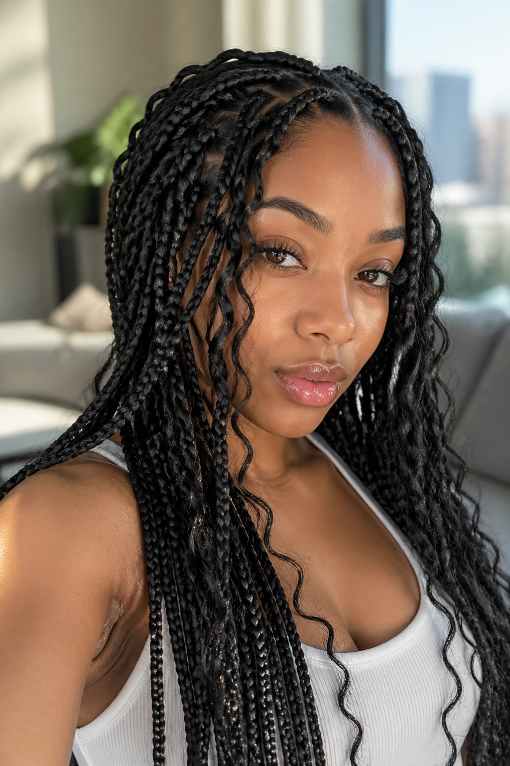 Close-up of a real woman with wavy goddess box braids in warm window light