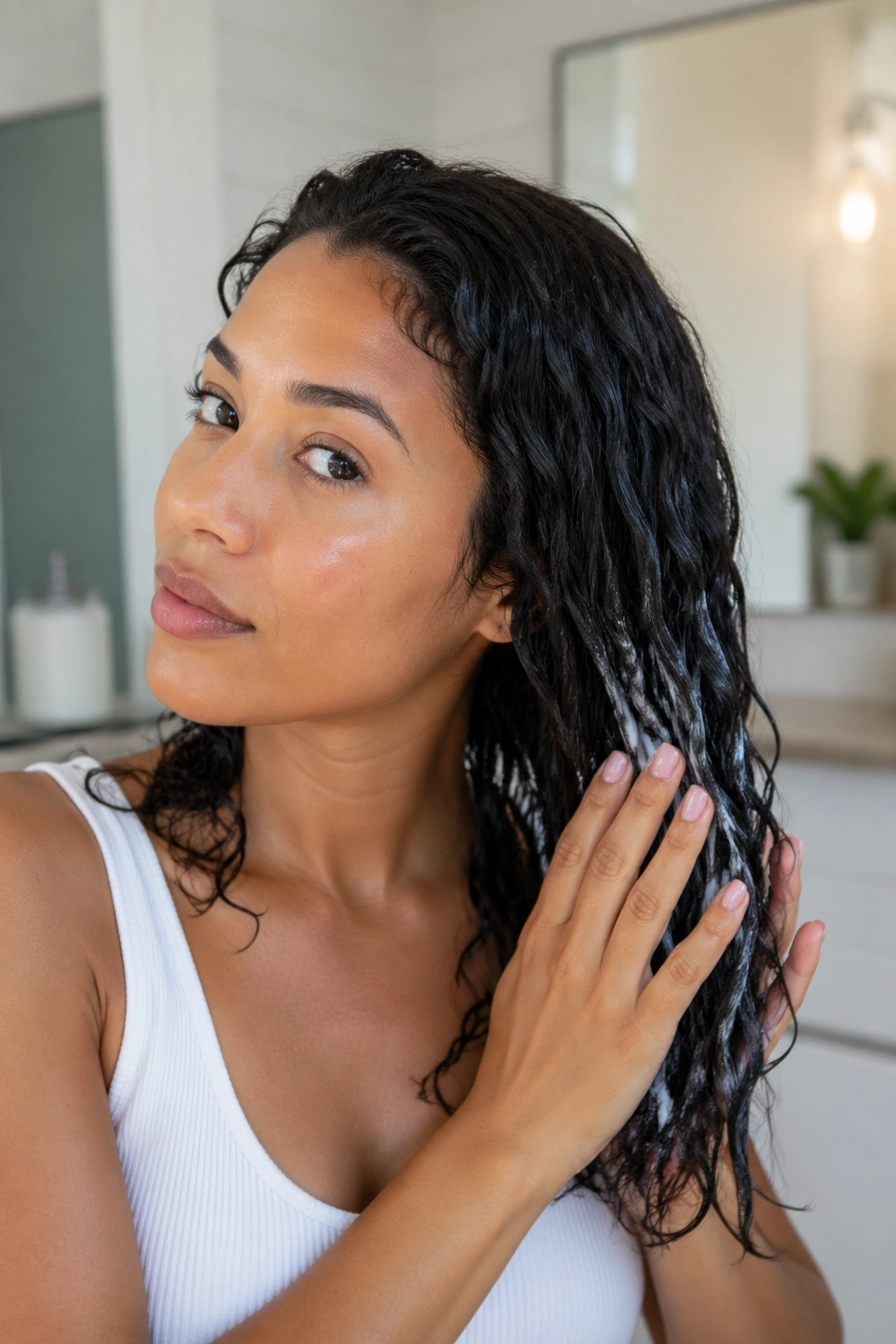 Real person applying leave-in conditioner to damp wavy hair in a bathroom.