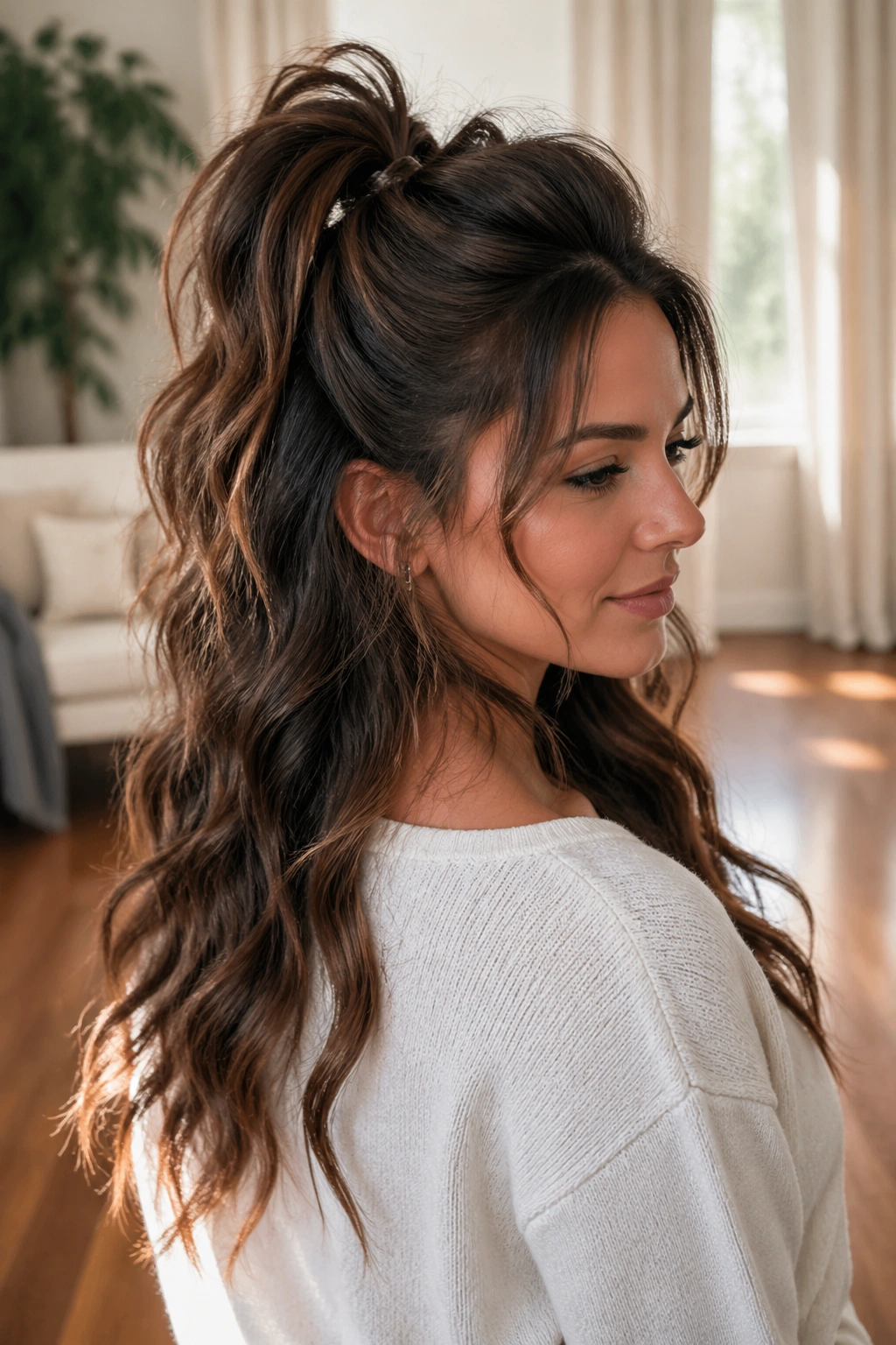 Close-up portrait of a real woman with wavy hair in a half-up ponytail