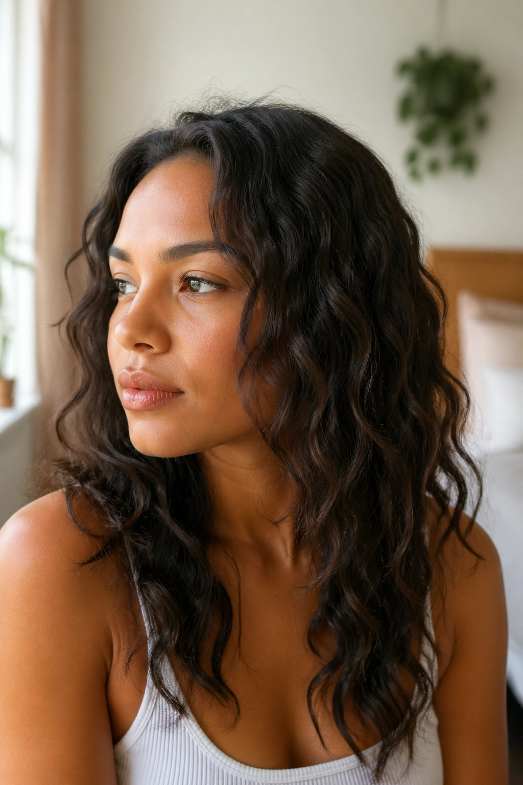 Close-up portrait of a woman with natural wavy hair in a warm bedroom setting