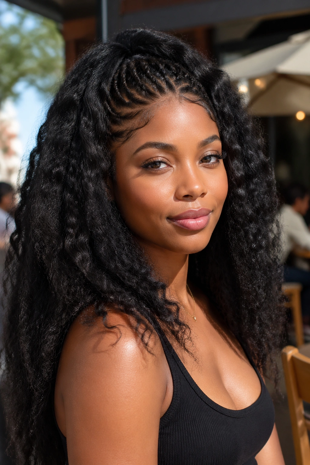 Close-up portrait of a woman with wavy kinky texture pondo in outdoor cafe light