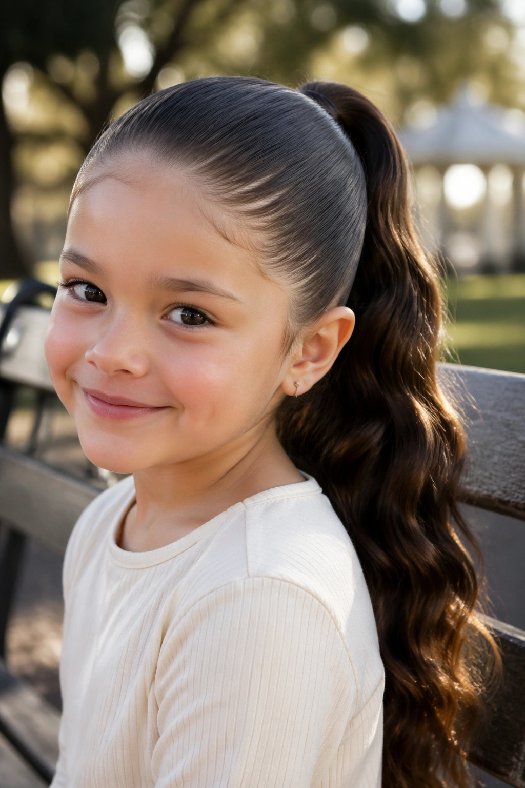 Close-up of child with wavy-length sleek ponytail under natural outdoor light