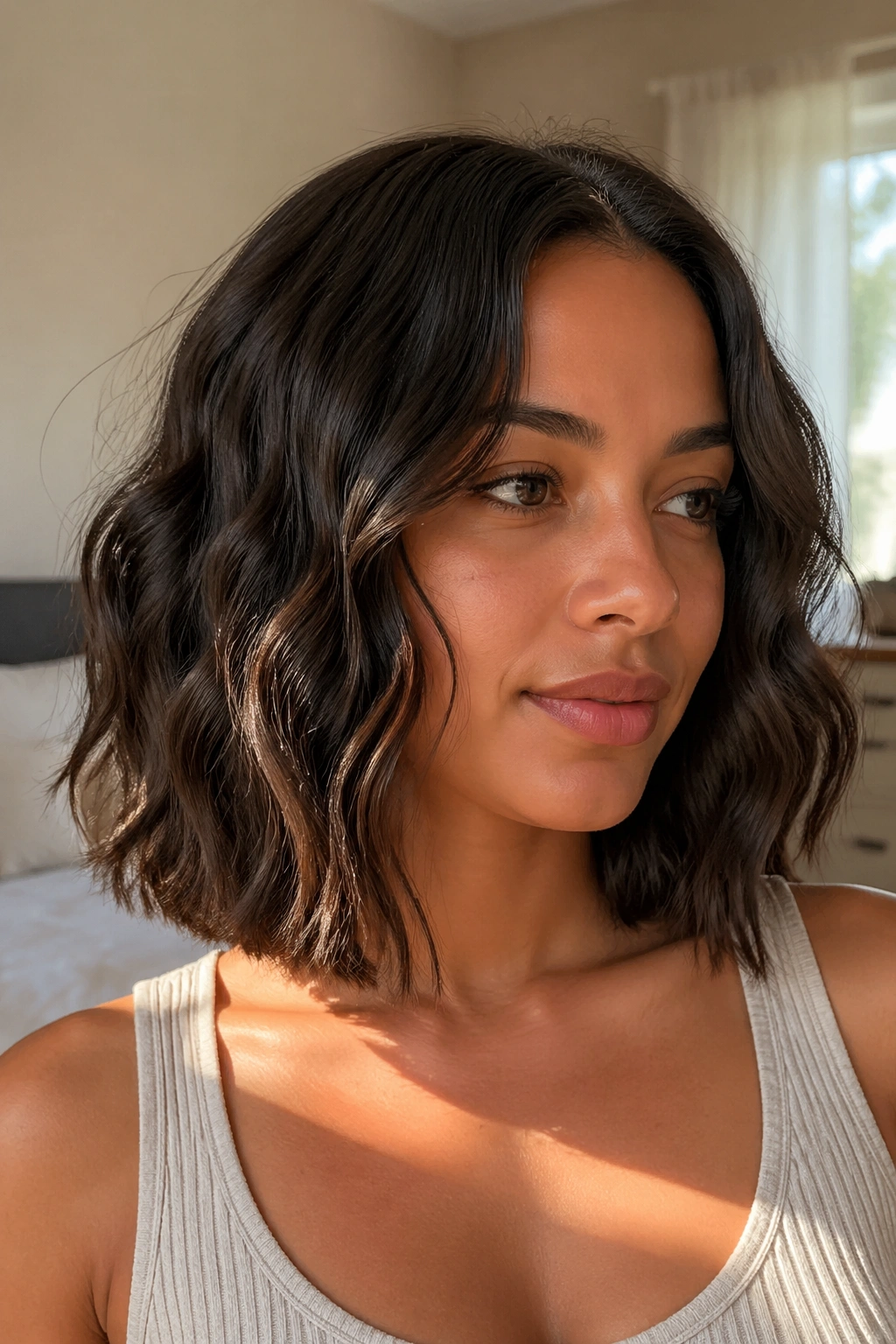 Close-up of a real woman with a collarbone-length wavy lob in warm window light
