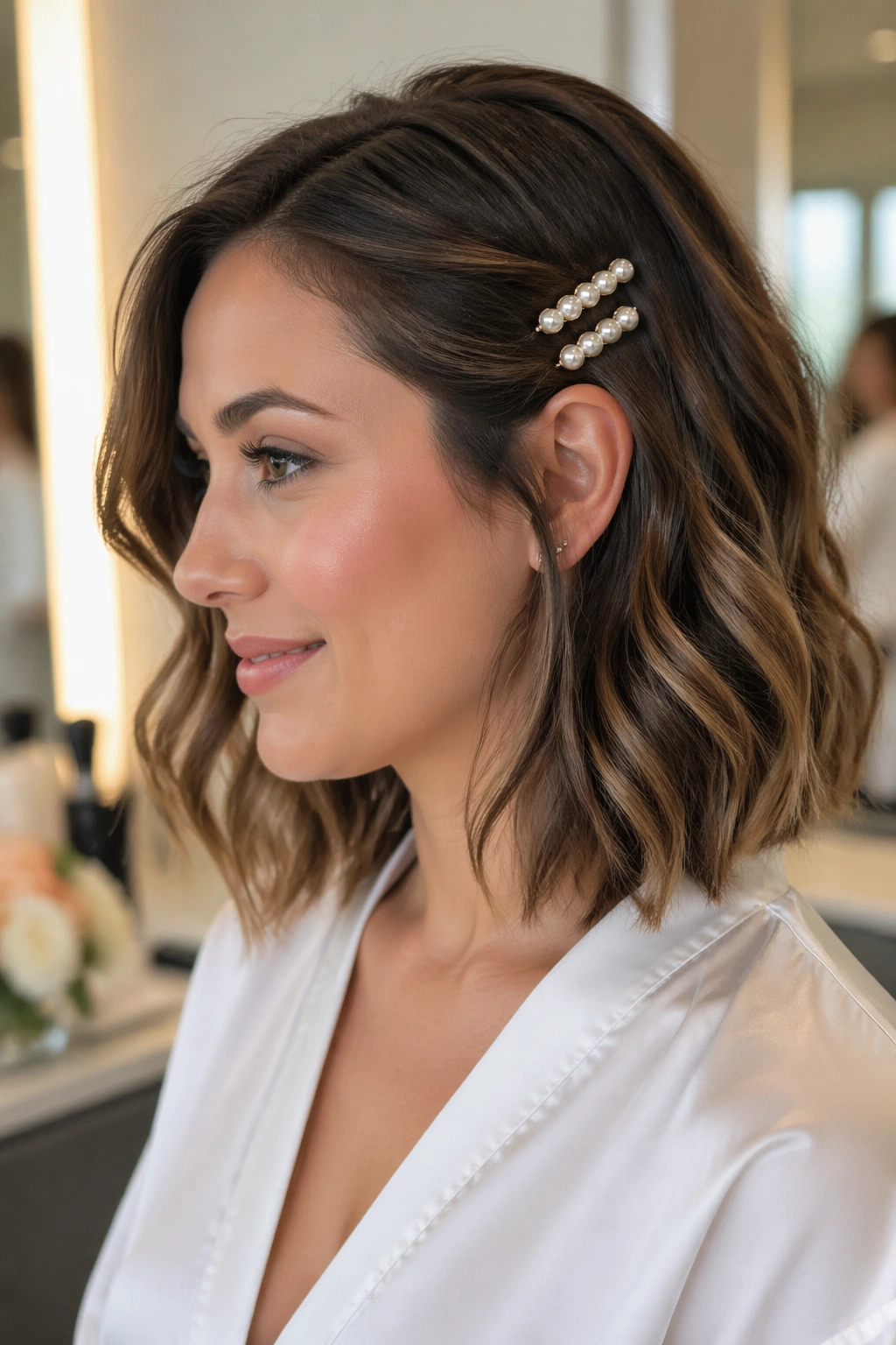 Real woman with wavy lob and pearl clips in a bright dressing room