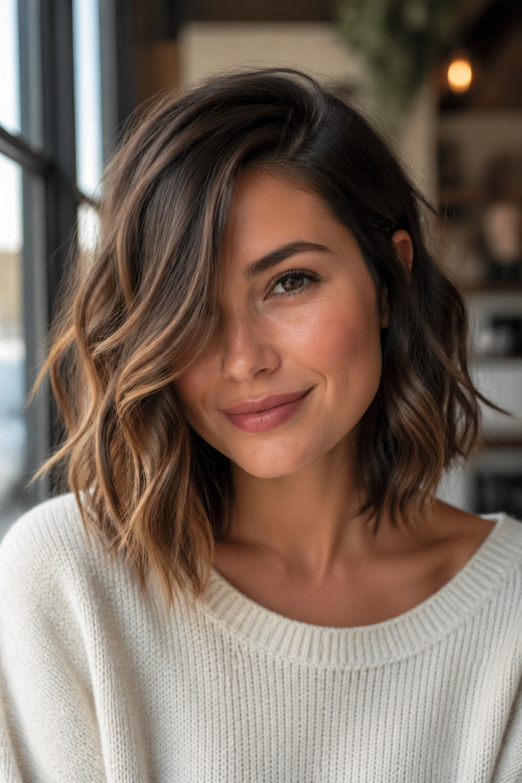 Close-up of a real woman with a wavy lob and deep side part in natural daylight