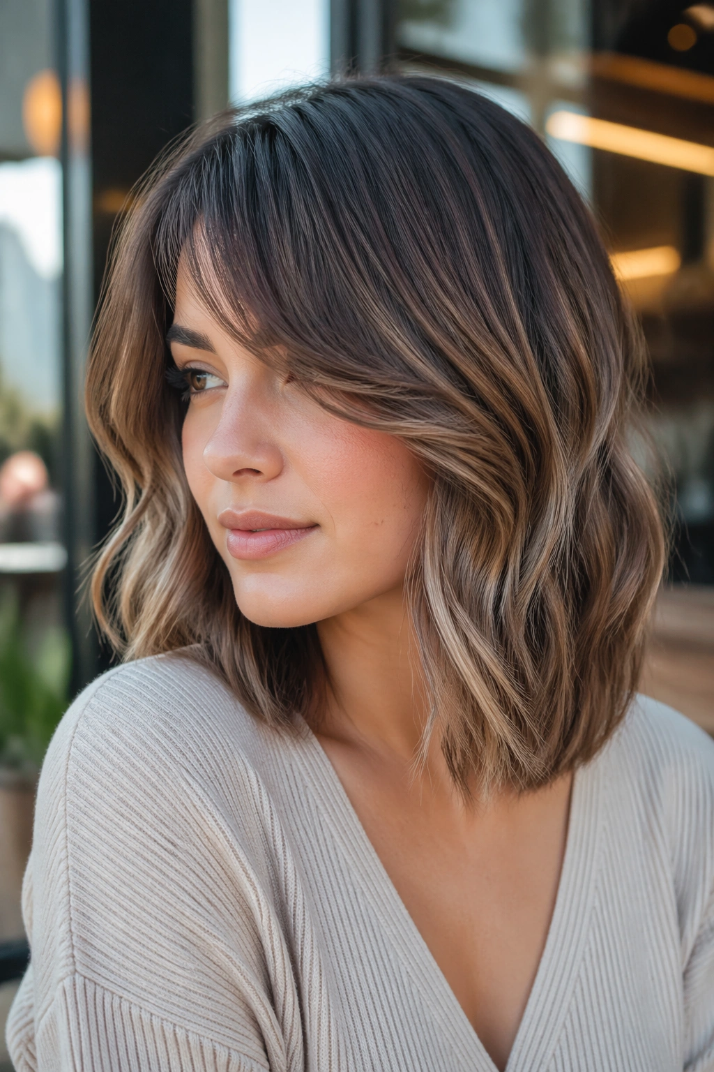 Close-up of a woman with a wavy lob and side-swept bangs