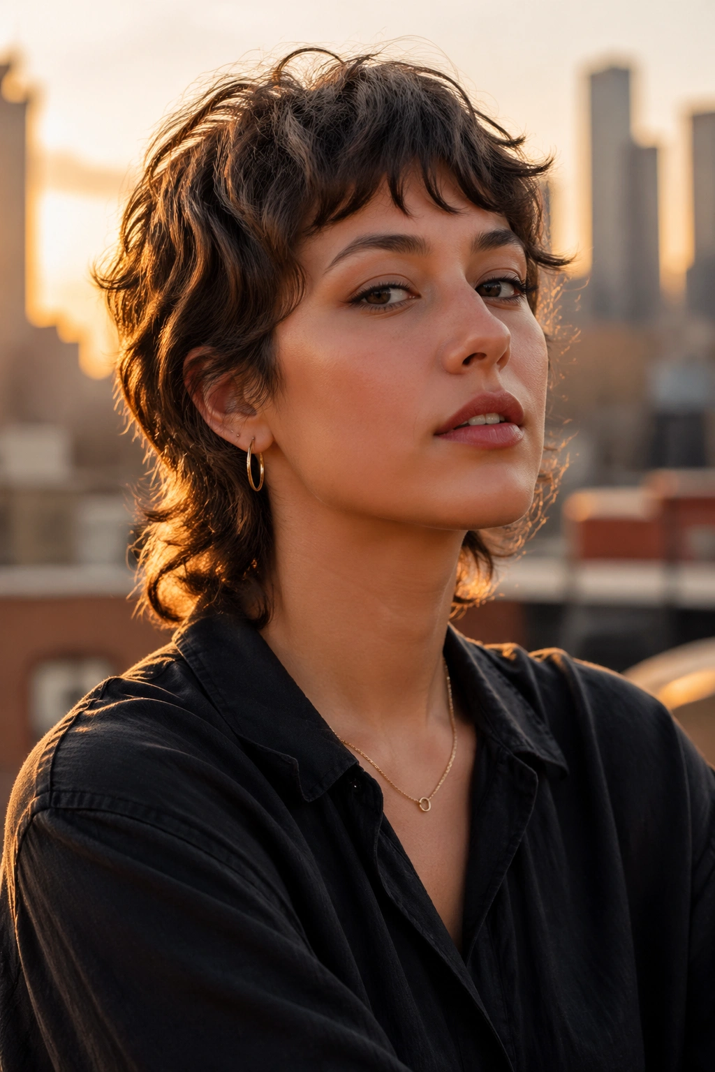 Close-up of real woman with wavy mullet lite on rooftop at golden hour
