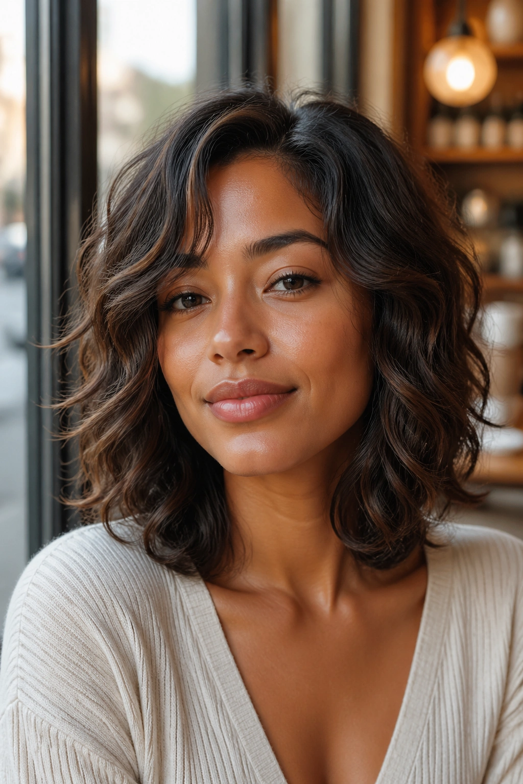 Portrait of a woman with a shoulder-length layered lob for wavy natural hair