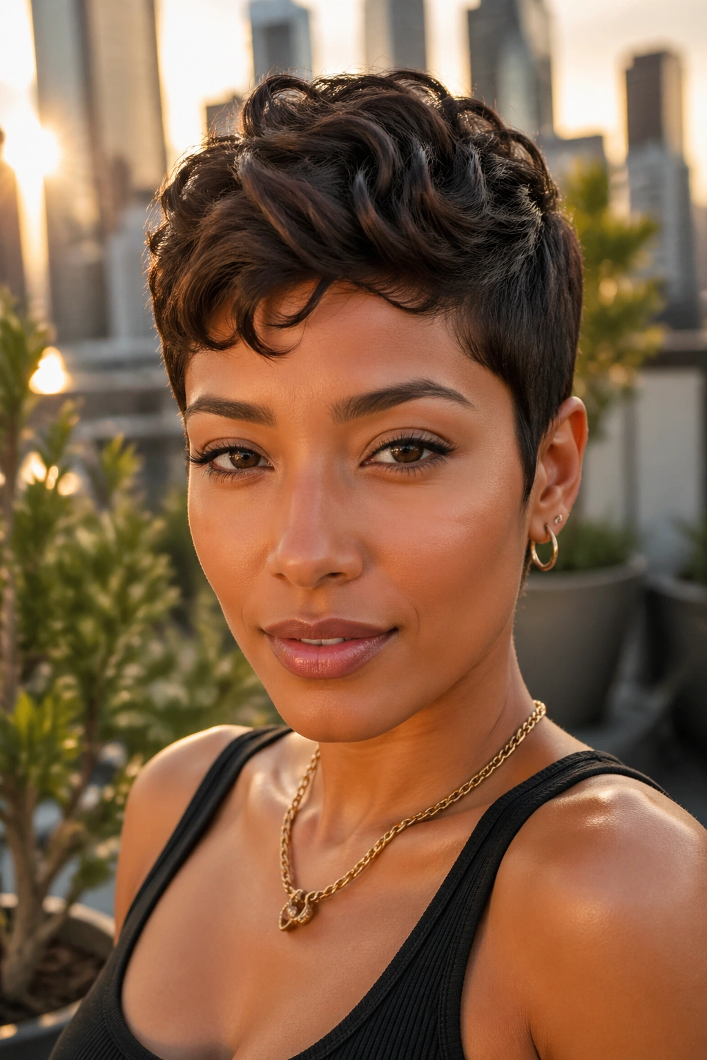 Close-up of a real woman with a wavy pixie cut and crown waves in golden hour light
