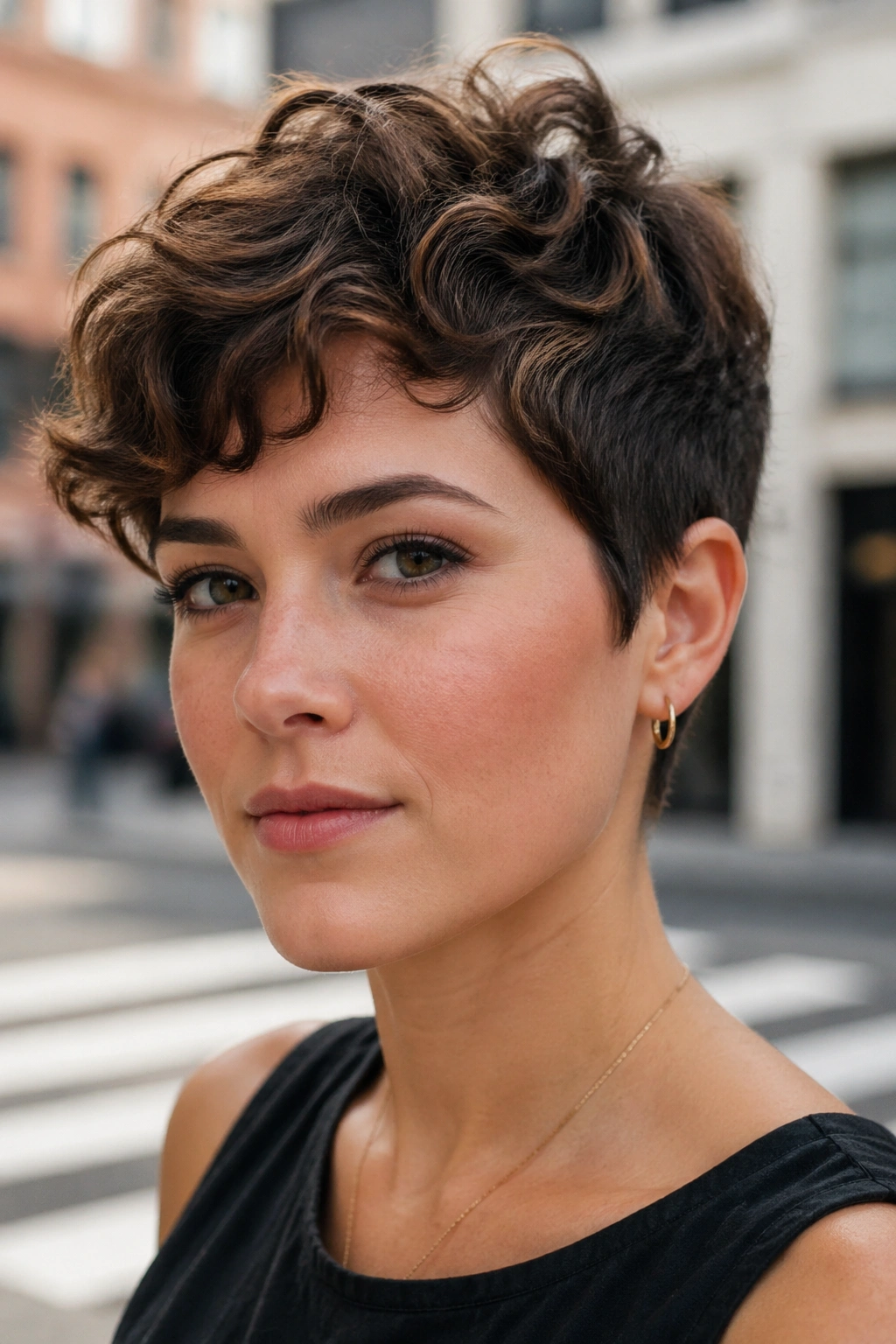 Portrait of a real woman with a wavy pixie hairstyle, showing texture and shape under natural daylight.