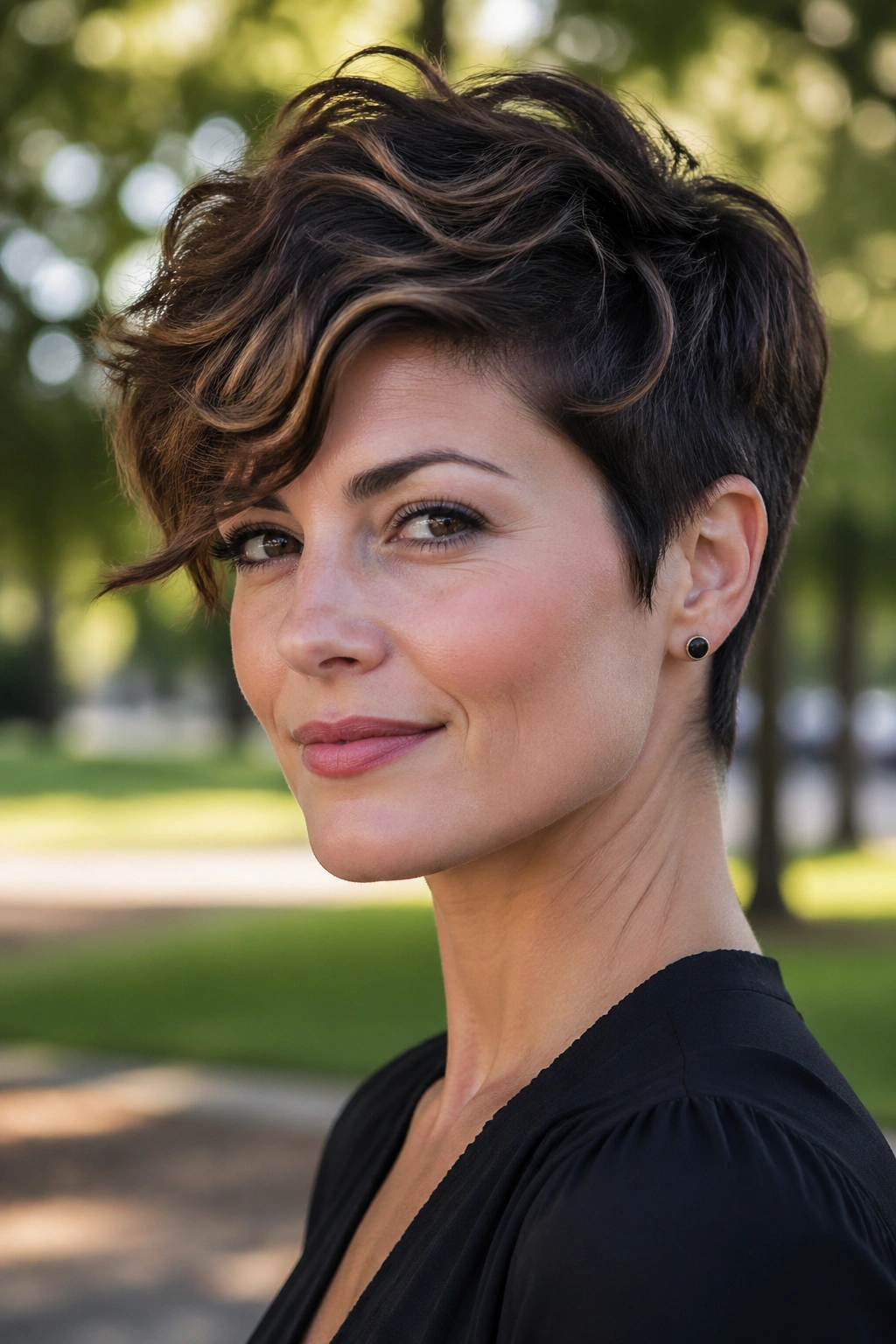 Close-up portrait of a real woman with a wavy pixie and longer top