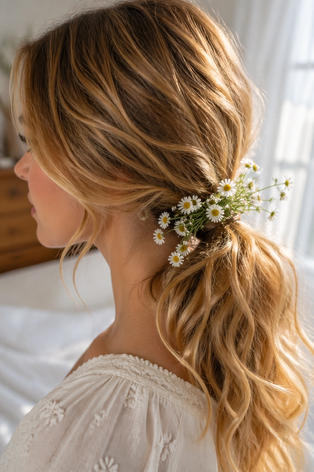 Close-up of a wavy low ponytail with chamomile sprigs at the base on a real woman in a sunlit bedroom