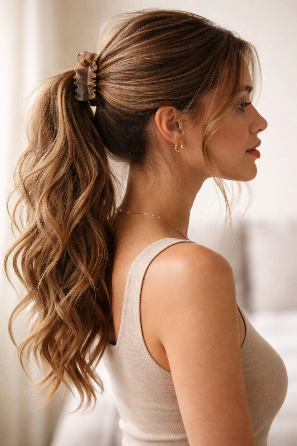Wavy claw clip ponytail with loose end waves
