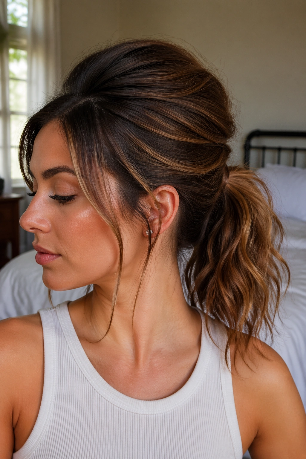 Close-up of a real woman with a wavy ponytail and crown puff