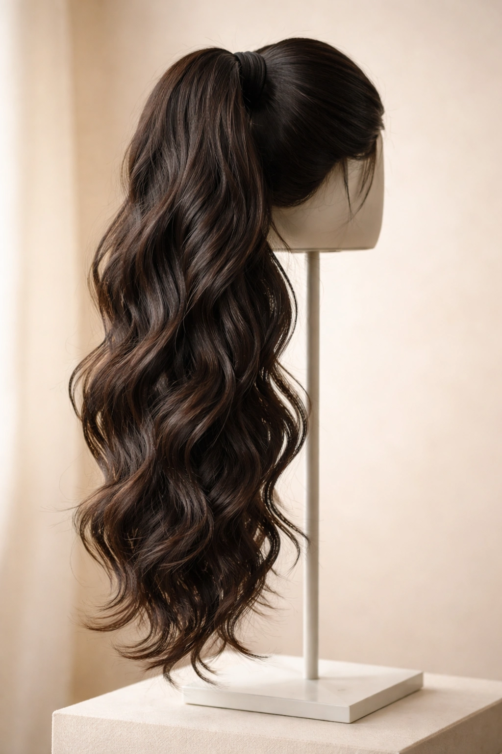 Wavy ponytail extension with soft S-shaped waves and natural texture