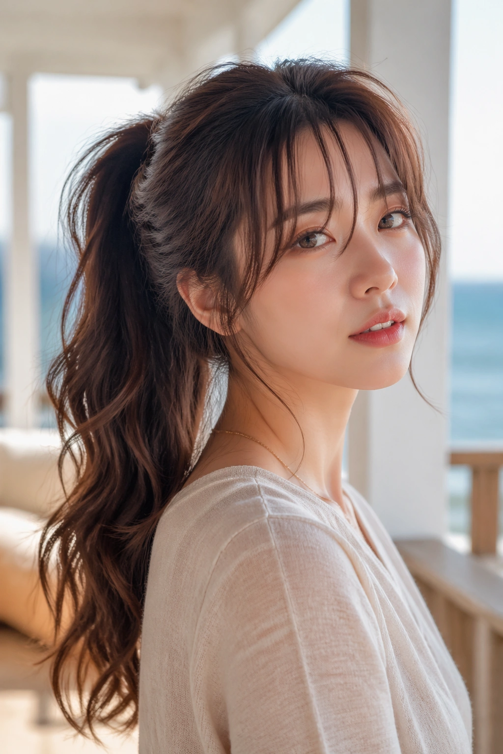 Close-up of a real woman with a wavy ponytail and feathered fringe