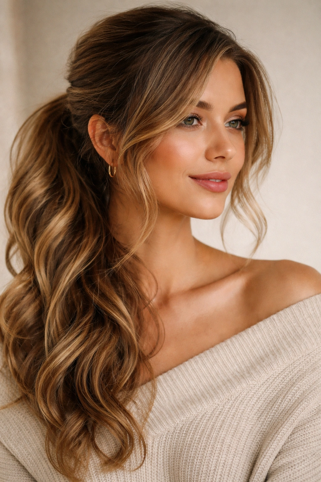 Shoulder-height shot of a wavy side ponytail with relaxed waves