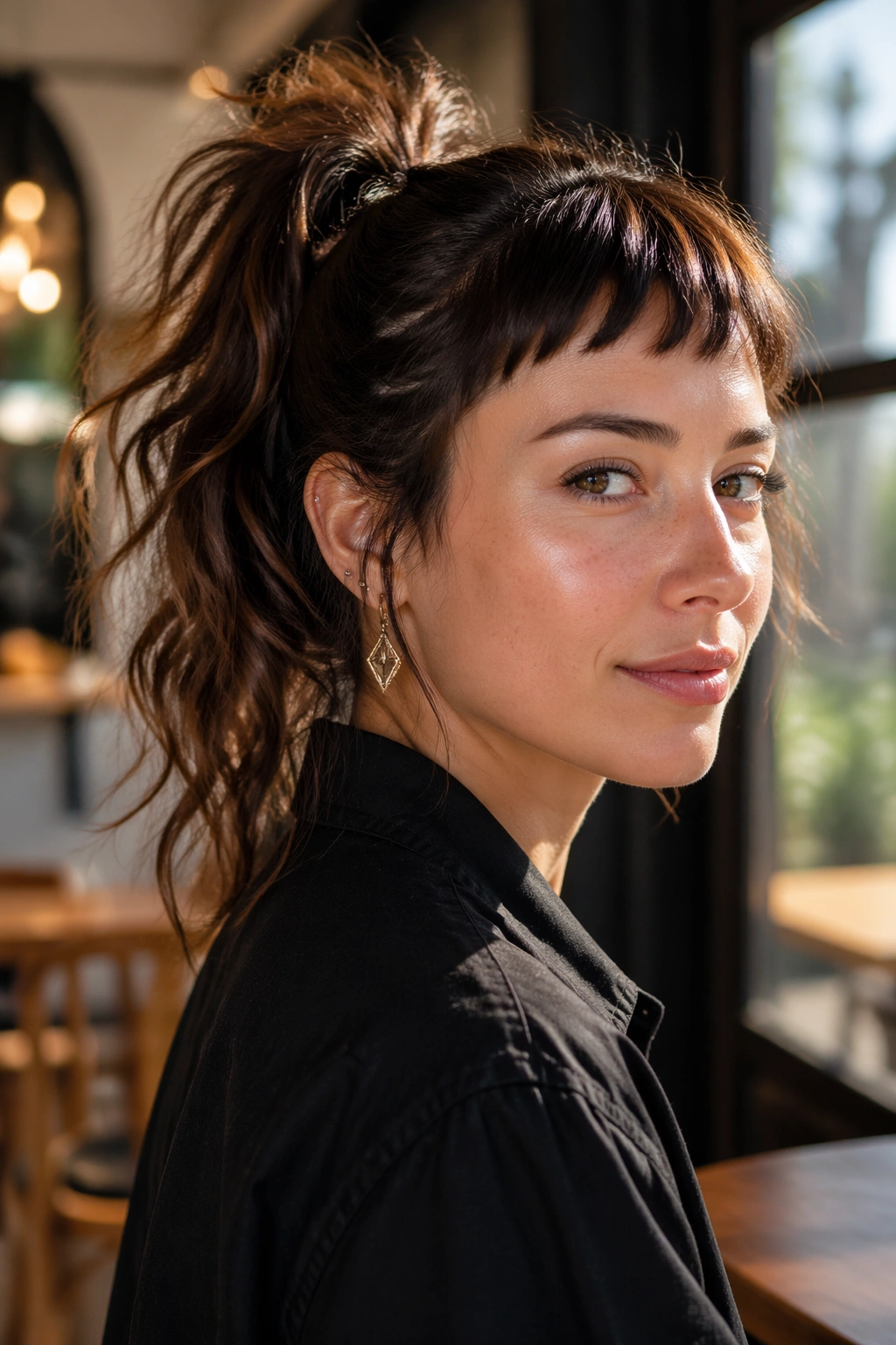 Close-up portrait of a woman with a wavy ponytail and micro bangs in a cafe