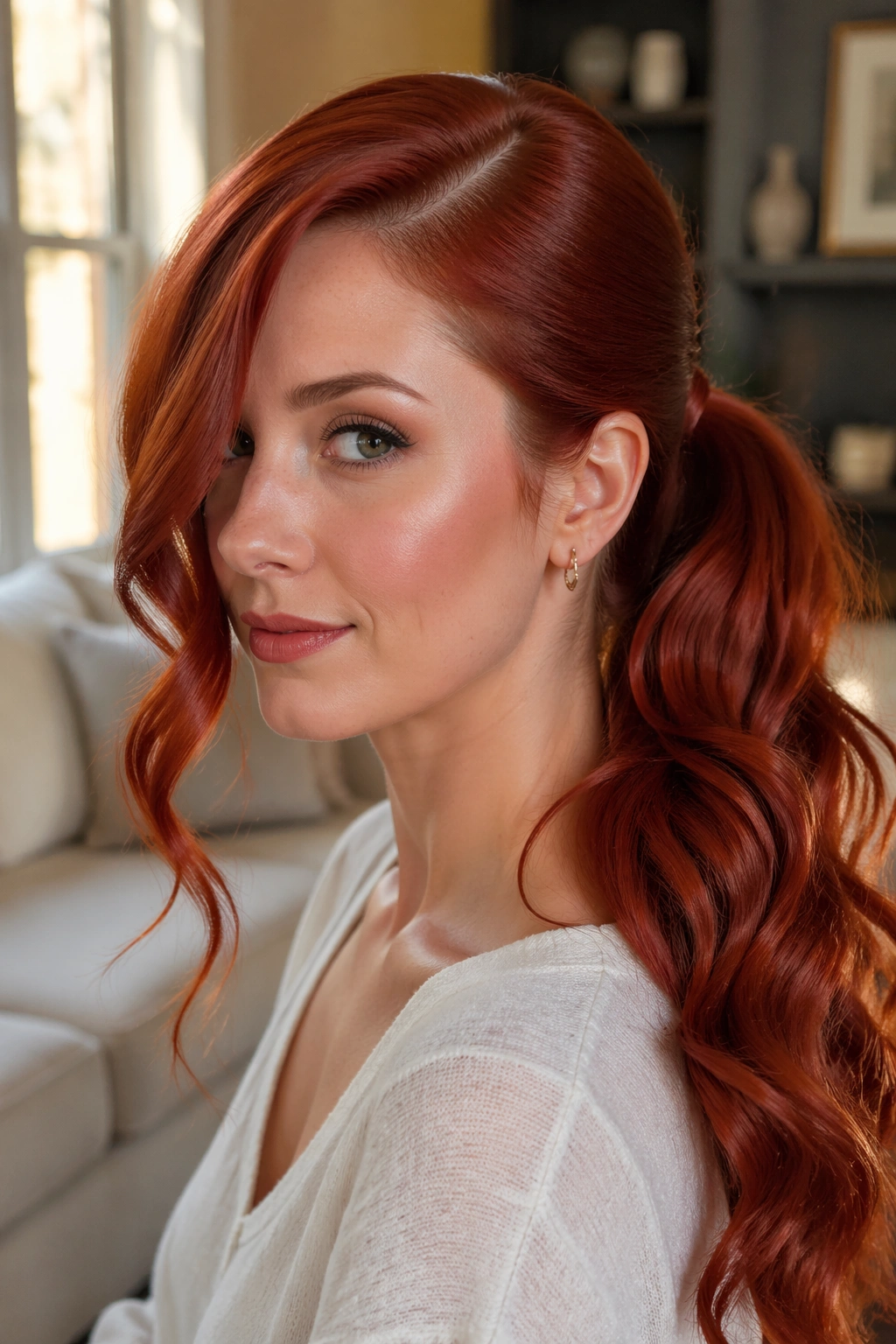 Close-up of a real woman with deep side part and wavy red ponytail