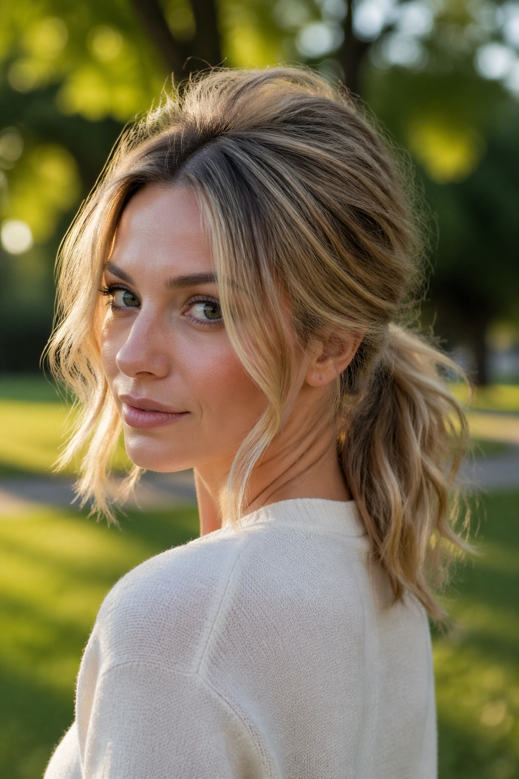 Close-up of a real woman with wavy ponytail and teased crown in natural daylight.
