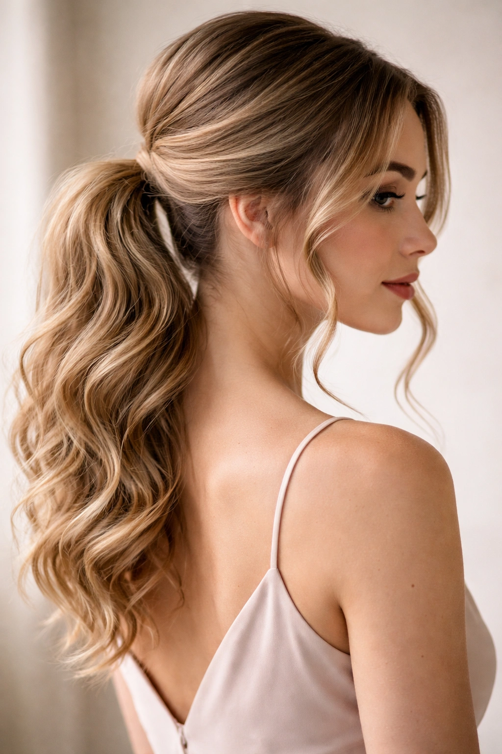 Wavy Ponytail with Tendrils showing loose waves and face-framing tendrils
