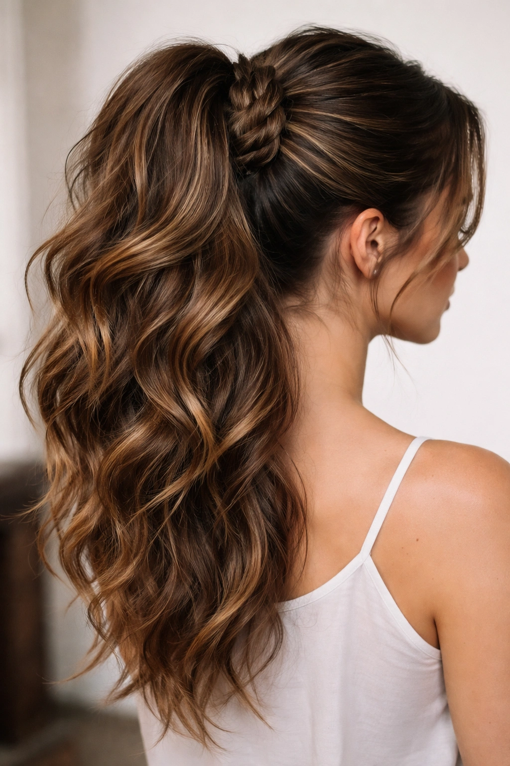Wavy ponytail with a thick braid wrap around the base