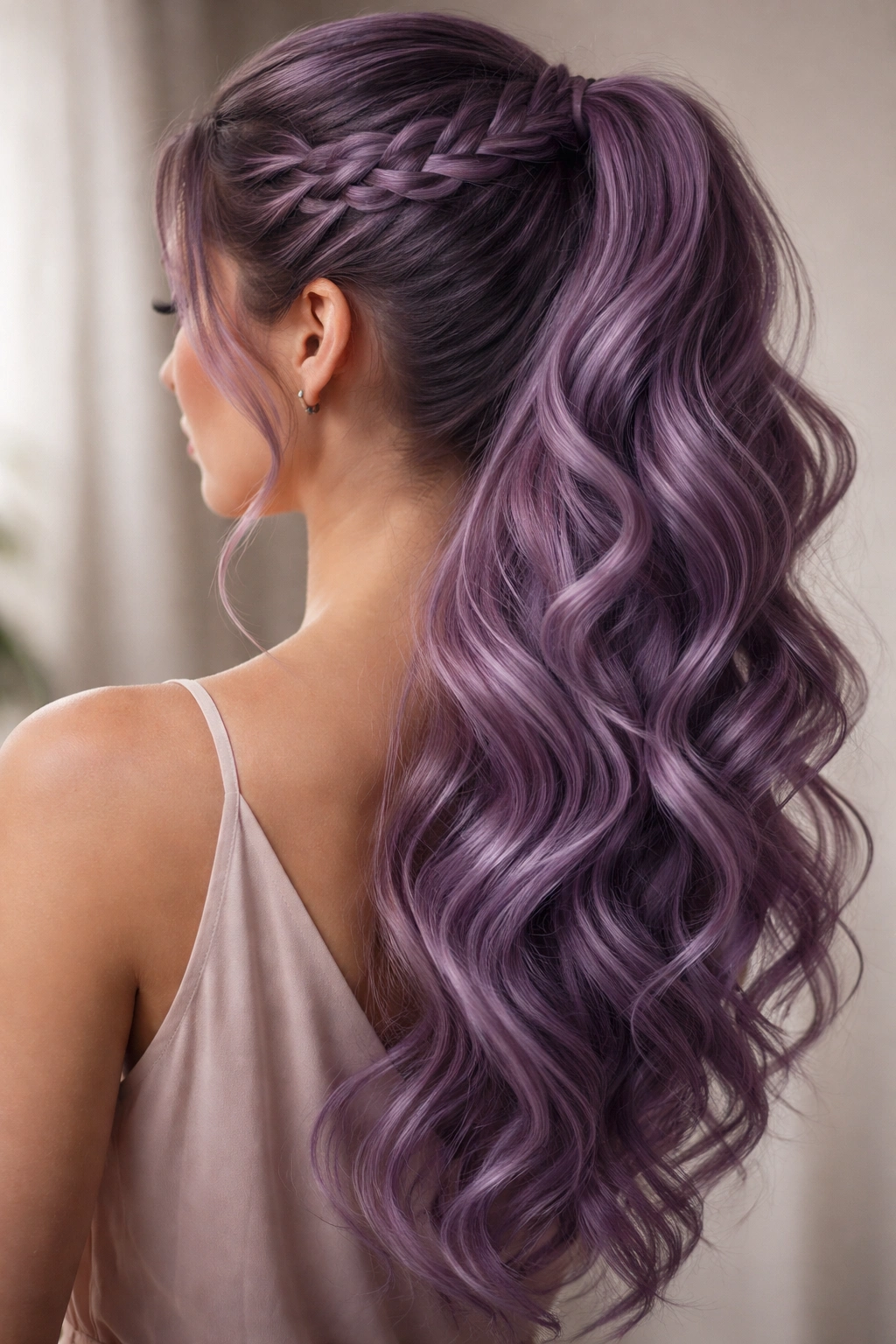 Wavy purple lace-braid ponytail with soft curve
