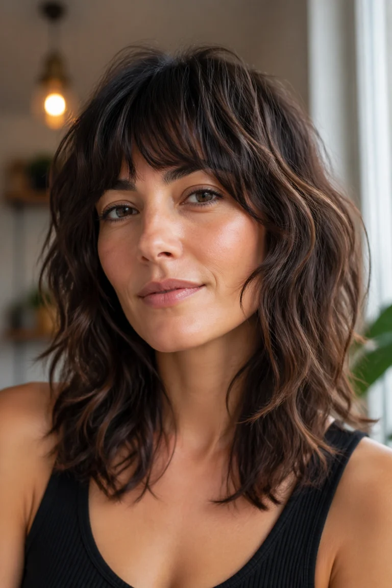 25 Medium Wavy Layered Cuts in Brunette