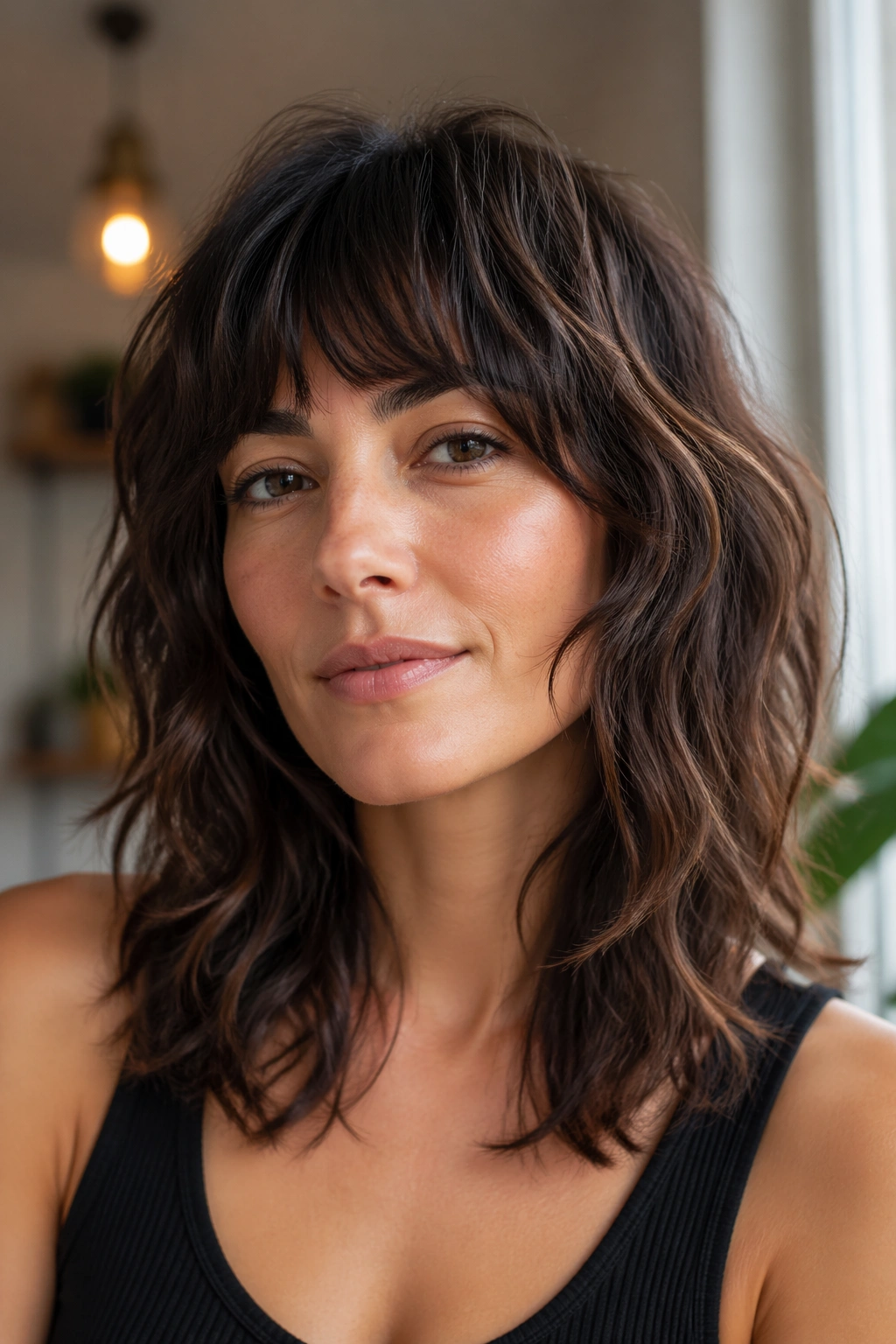 Close-up of a real woman with wavy shag and feathery fringe