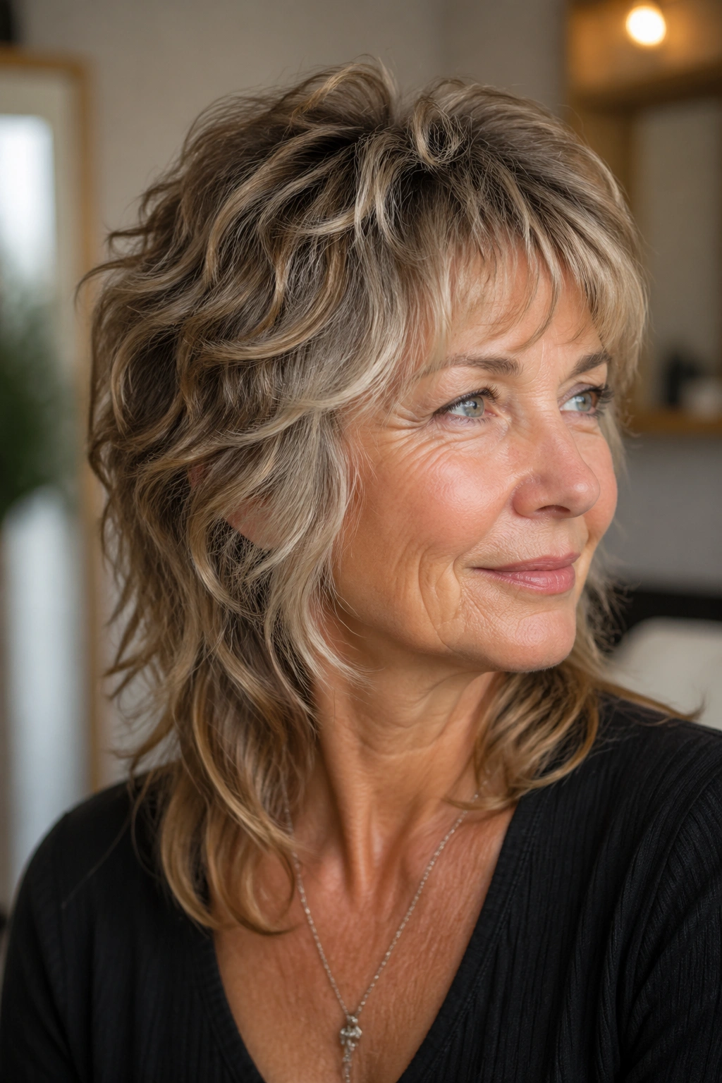 Real woman with a wavy shullet showing shorter crown and longer back